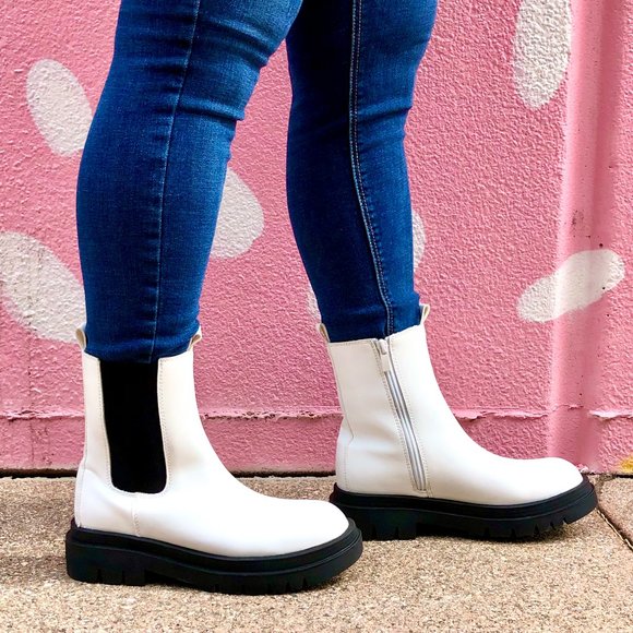 White Vegan Leather Lug Chelsea Boots - Picture 4 of 6